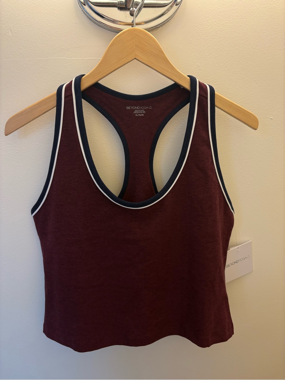 Beyond Yoga Racerback Tank — Midnight Burgundy Heather with Navy and White Trim